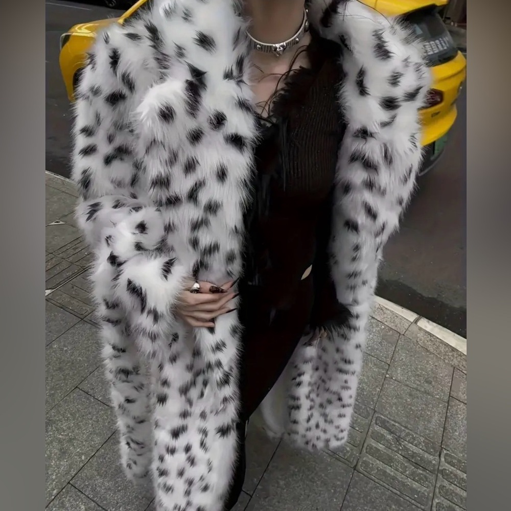 Vegan-Friendly Faux Fox Fur Oversized Coat w/ Dalmation Print - Picture 2 of 14